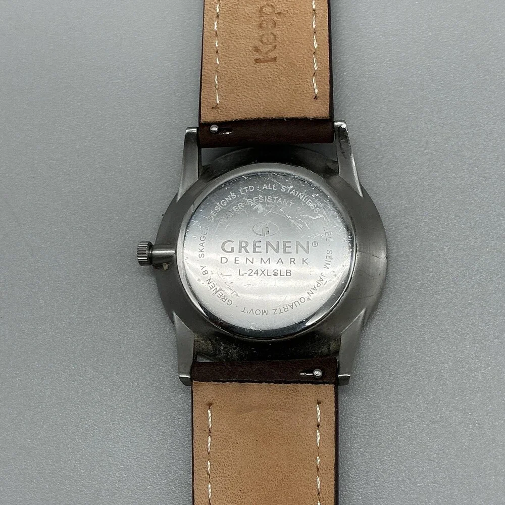 Grenen Denmark Mens Watch 38mm Silver Tone Leather Date L-24XLSLB New Battery